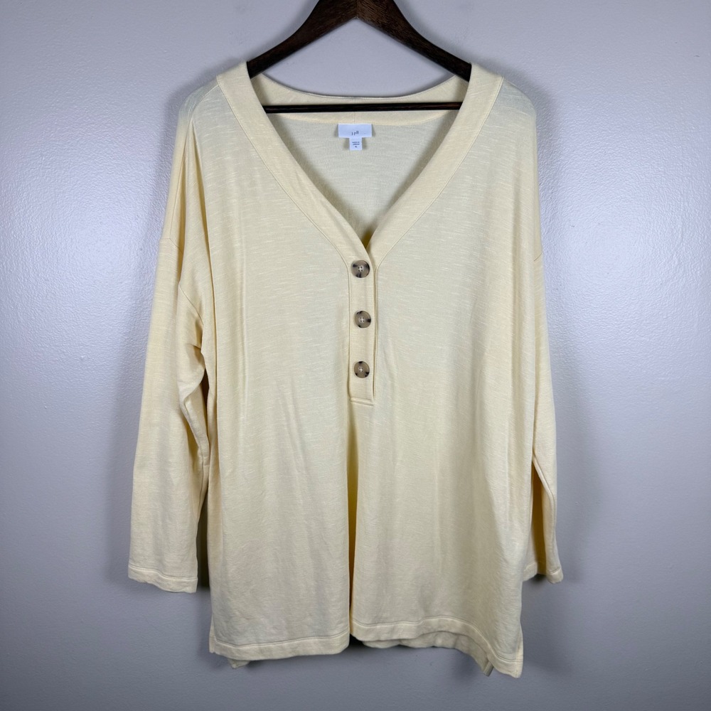 J. Jill Women's XL Henley Tunic Pale Yellow Slub Knit Long Sleeve Relaxed Fit